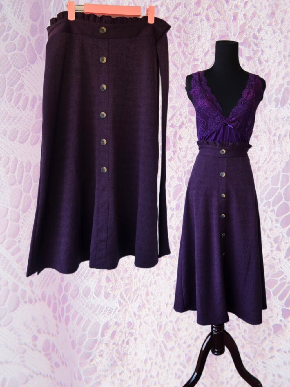 NYCC Purple Flare Skirt Faux-Buttons Ruffle Waist Fall Grunge Office Sz Medium